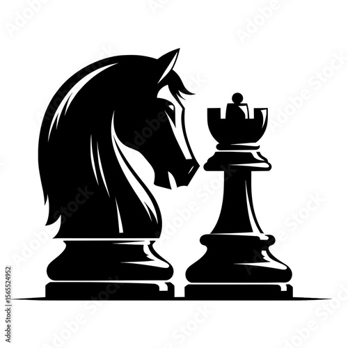 Black chess knight and queen in silhouette style in black and white for strategy concept
