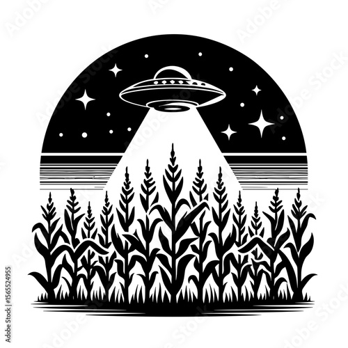 UFO hovering above cornfield in black and white silhouette illustration