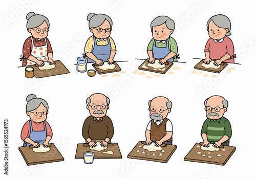 Illustrated set of smiling senior adults baking and rolling dough on a cutting board.