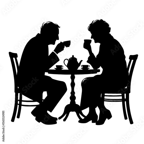 Silhouette of couple drinking tea at table