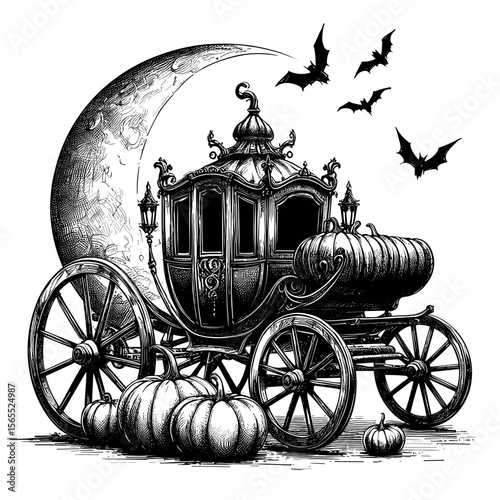 Vintage carriage with pumpkins in black and white represents Halloween
