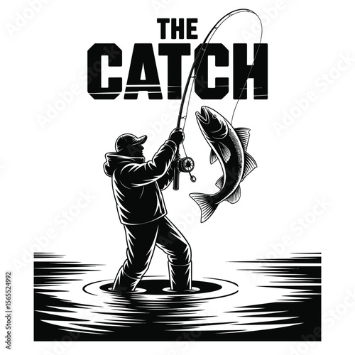 Silhouette of angler pulling fish out of ice hole while ice fishing, isolated black and white vector illustration