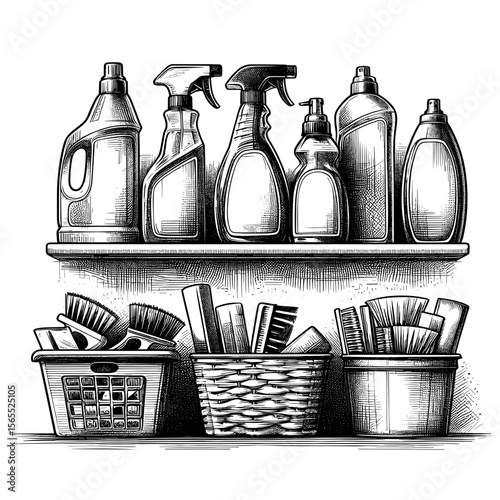 Cleaning supplies in sketch style in black and white for house cleaning