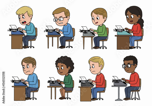 Diverse cartoon people characters of various ages and ethnicities typing on vintage typewriters at desks with different expressions, representing writing, retro communication, and office work.