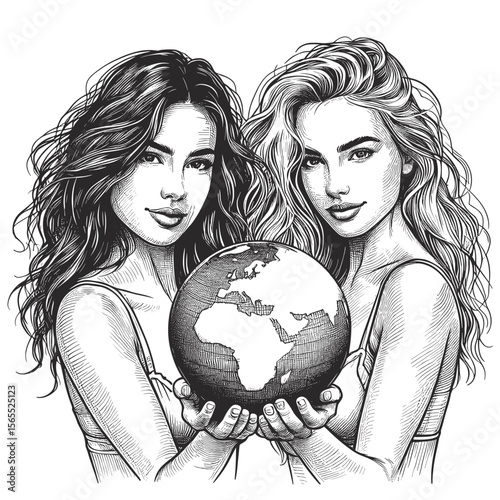 Two women holding a globe