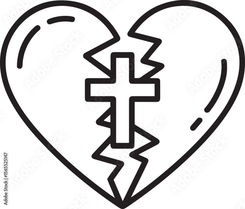 Outline of a broken heart with a cross vector