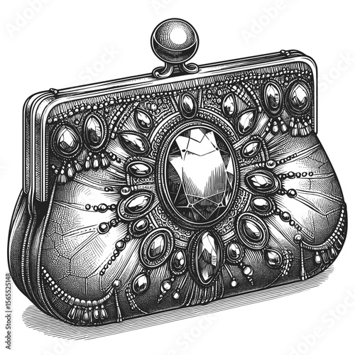 Decorative handbag sketch in artistic style in black and white for fashion