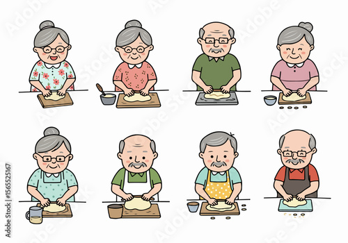 Grandparents baking together, collection of cartoon illustrations showing seniors kneading dough happily.