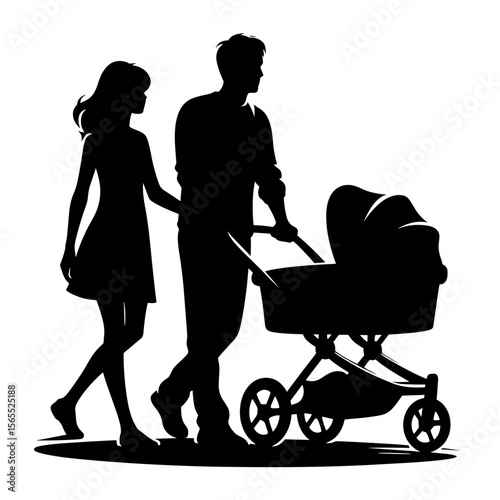 Couple strolling while pushing stroller on transparent background