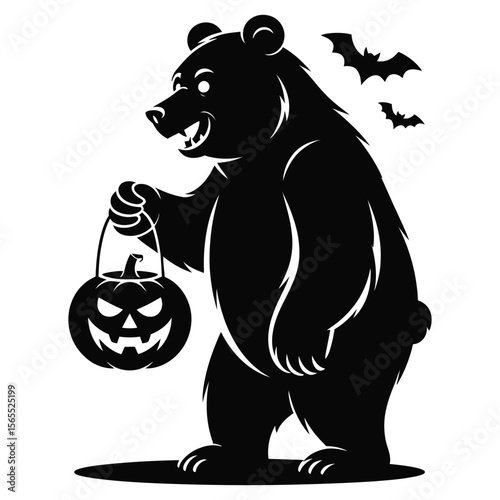 Silhouette of bear holding pumpkin lantern with spooky Halloween theme in minimal flat style, isolated black and white vector illustration