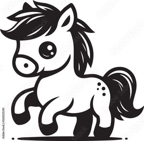 Adorable cartoon pony illustration in black and white, perfect for children's books or equestrian themed designs, simplified drawing.