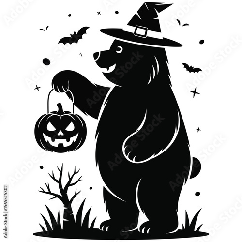 Silhouette of bear holding pumpkin lantern with spooky Halloween theme in minimal flat style, isolated black and white vector illustration