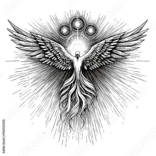 Angel illustration in detailed style in black and white depicting winged being