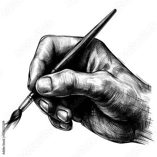 Artist's hand holding paintbrush against transparent background
