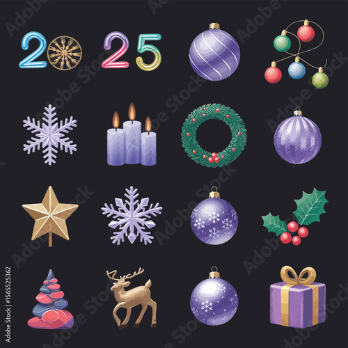 vector Happy New Year Celebrating 2025 in Latin letters , Christmas Decoration Items Santa Claus

