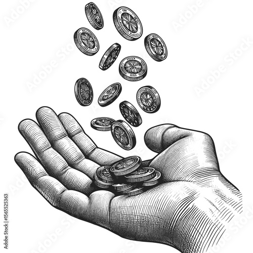 Hand dropping bitcoins in black and white style depicting cryptocurrency