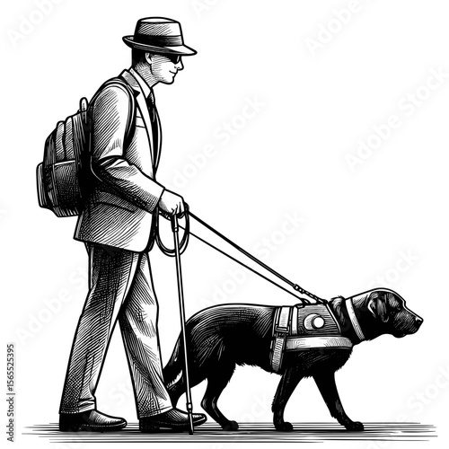 Man walking with guide dog on sidewalk