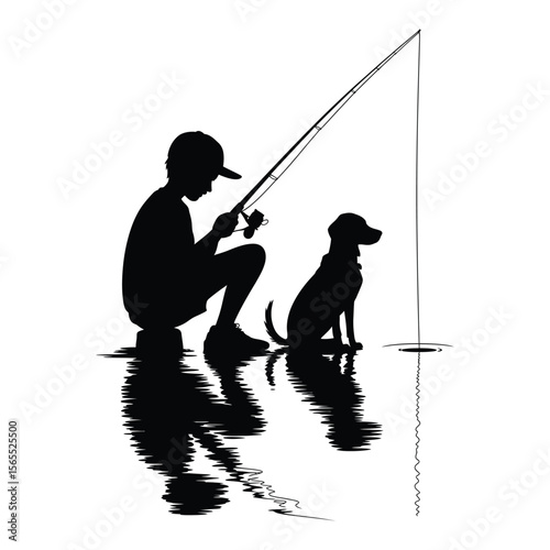 Silhouette of boy fishing with dog sitting beside him by the water, isolated black and white vector illustration