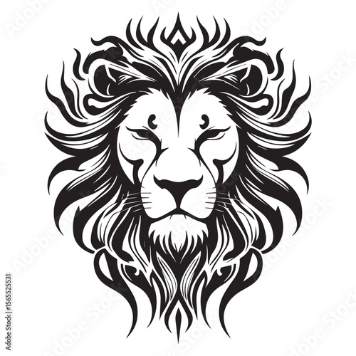 Stylized black and white tribal lion head with flowing mane and fierce expression