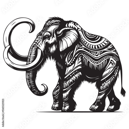 Stylized black and white illustration of a woolly mammoth with intricate tribal patterns adorning its body and tusks