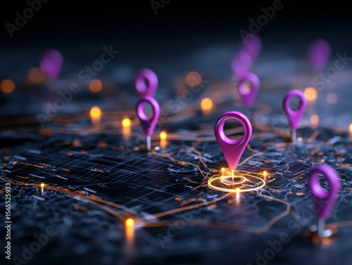 A futuristic digital map with glowing purple location markers and illuminated routes on a dark background, representing navigation and geolocation technology.