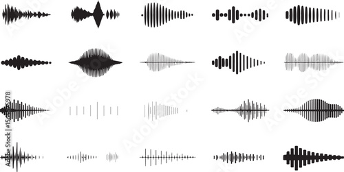 Collection of Black and White Traced Sound Waveforms Various Styles and Patterns Audio Visualizer Graphic Elements