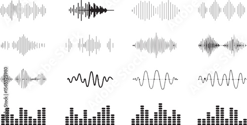 Black and White Traced Sound Waveforms Collection Various Styles Audio Visualizer Graphic Elements Set Equalizer Bars Audio Frequency Representation