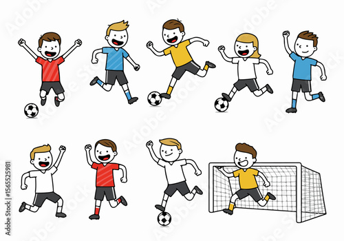 Happy Kids Playing Soccer - Dynamic Cartoon Illustration of Children Kicking, Running, and Scoring Goals
