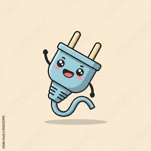 A cheerful cartoon illustration of a smiling electrical plug waving hello.