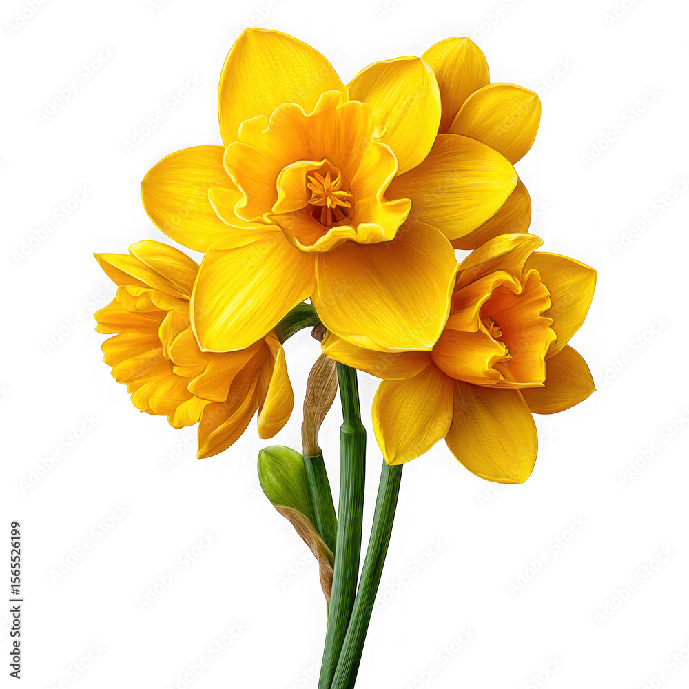 Obraz premium Vibrant yellow daffodils with detailed petals and green stems isolated on transparent background