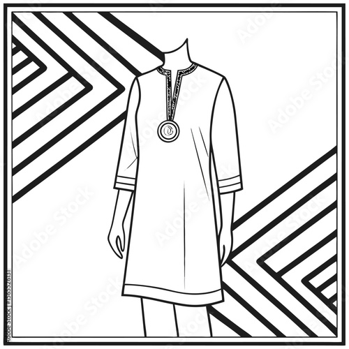 Black and White Illustration of a Dress with Geometric Background