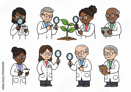 Cartoon scientists examining a plant with magnifying glasses and clipboards, illustrating research, biology, and scientific study.