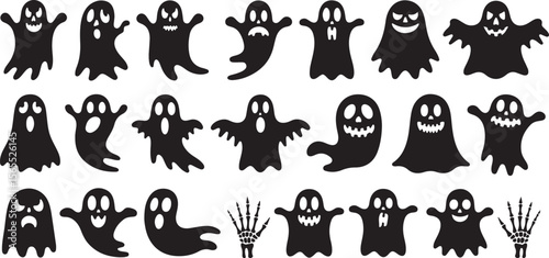 Collection of Twenty Four Black and White Traced Ghost Illustrations Featuring Varied Expressions and Poses Including Two Skeletal Hands
