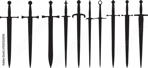 Collection of Twelve Black Silhouettes of Medieval Swords Various Designs and Sizes Traced Vector Illustration