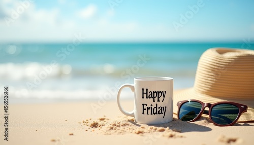 White mug with Happy Friday text placed on sandy beach beside straw hat and sunglasses, with ocean and blue sky in background. Cheerful summer scene perfect for vacation, lifestyle, weekend visuals.