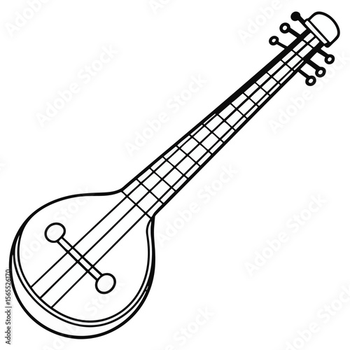 Traditional Indian Musical Instrument Ektara – Black and White Line Art Illustratio