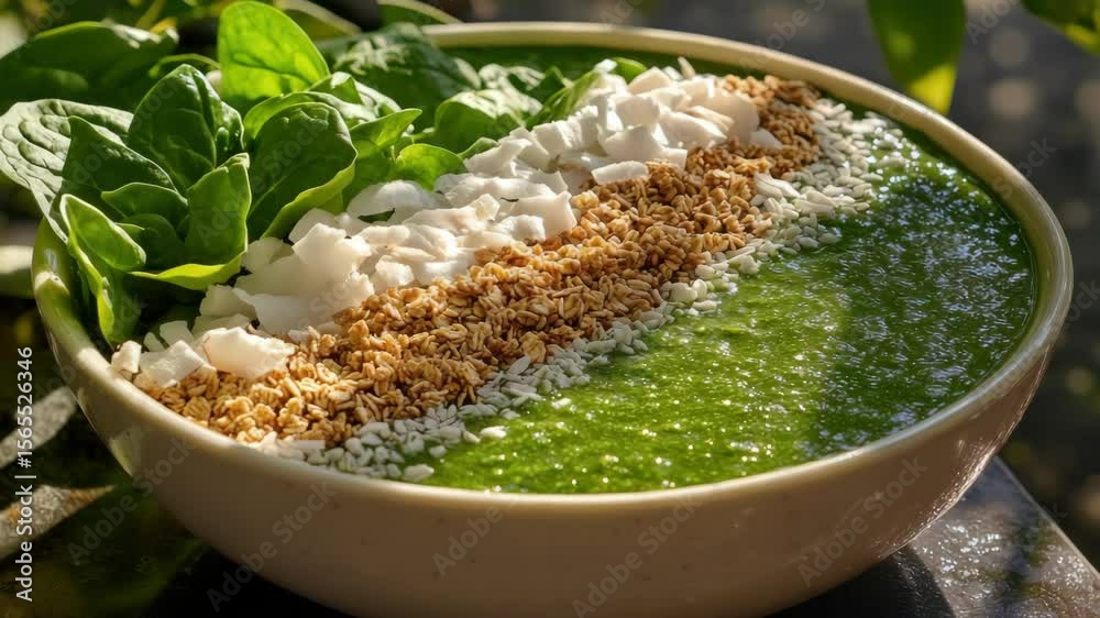 A healthy, refreshing smoothie bowl topped with granola and coconut. Perfect for a nutritious breakfast or snack.
