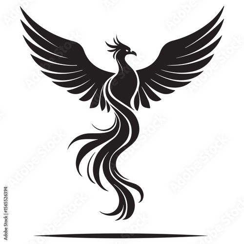 Stylized black phoenix silhouette with open wings and flowing tail feathers on white background