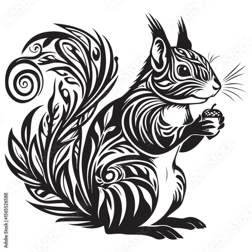 Stylized black and white tribal tattoo design of a squirrel holding an acorn against a white background