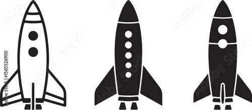 Three Black and White Rocket Ship Illustrations Traced Line Art Style Simple Spacecraft Icons Retro Futuristic Designs