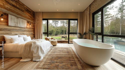 Luxurious bedroom with freestanding bathtub, wood accent wall, soft lighting, and large windows overlooking a serene forest view.
