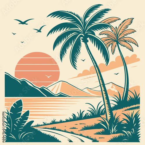 Tropical beach with palm trees vector design free online download.