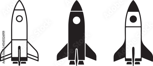 Three Black and White Rocket Ship Illustrations Traced Line Art Style Spacecraft Icons Simple Graphic Design Elements