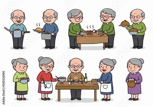 Set of cartoon illustrations showing happy elderly people eating and preparing food, isolated on a white background.