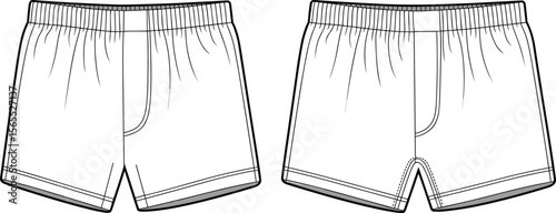 Men boxer shorts front and back, flat technical sketch, fashion undergarment design, elastic waistband detail, vector apparel cad template drawing
