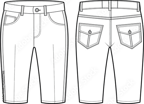 Knee length denim shorts front and back, fashion technical flat sketch, pocket detail, vector clothing design, stylish cad apparel template