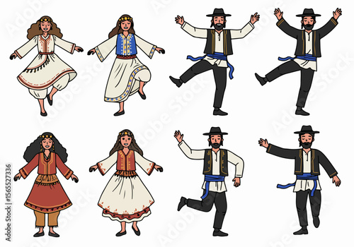 Set of diverse folk dancers in traditional costumes performing various cultural dances, illustrated in a cheerful, dynamic style.