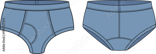 Men’s brief underwear vector template, front and back flat sketch, fashion cad design, apparel technical drawing, contour line illustration