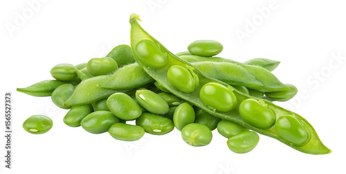 Fresh green soybeans and pod in closeup view highlighting their bright natural color on display