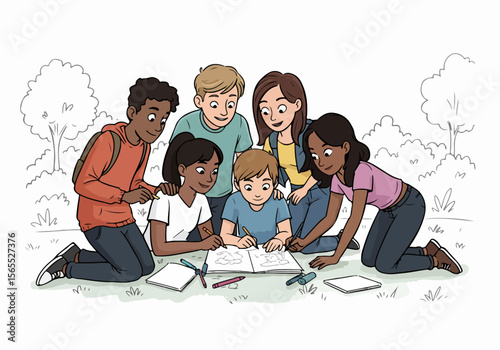 Diverse group of happy children and teenagers drawing and learning together outdoors in a park, enjoying a creative activity.